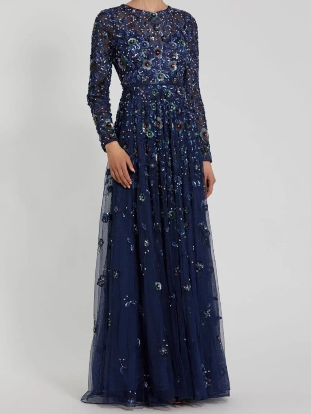 Mac Duggal Navy Blue Embellished High Neck Long Sleeve A Line Gown